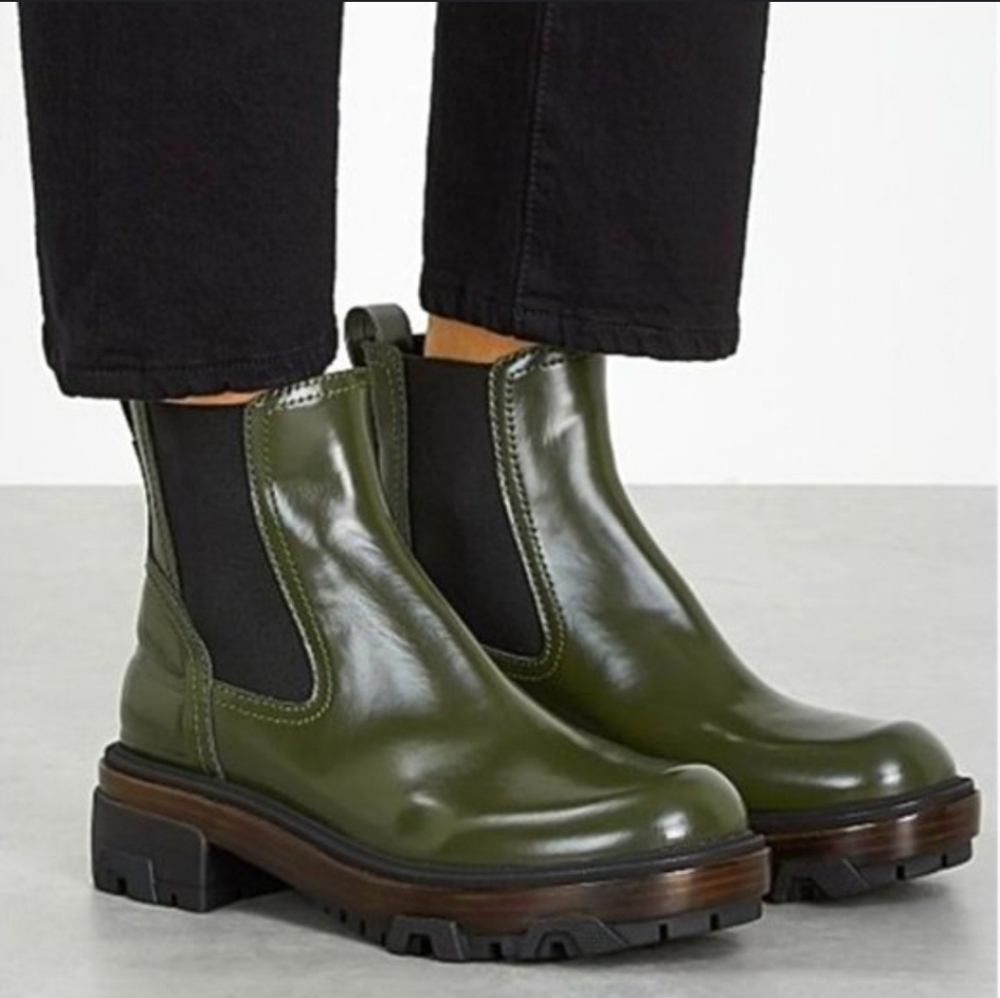 Rag & Bone Shaye Green Leather Lug Sole Platform Heel Ankle Boots